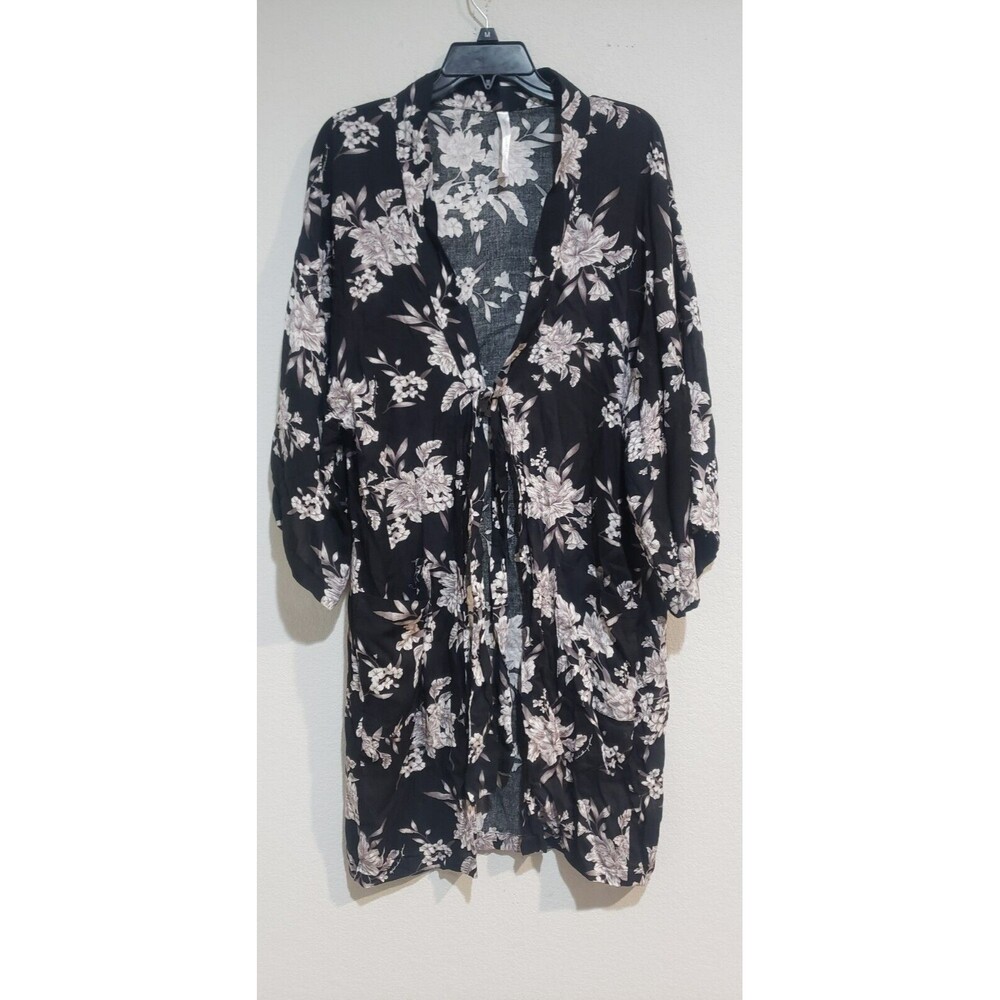 Spiritual Gangster Kimono Robe Black Floral MAYA Cardigan Tie Front w Pockets